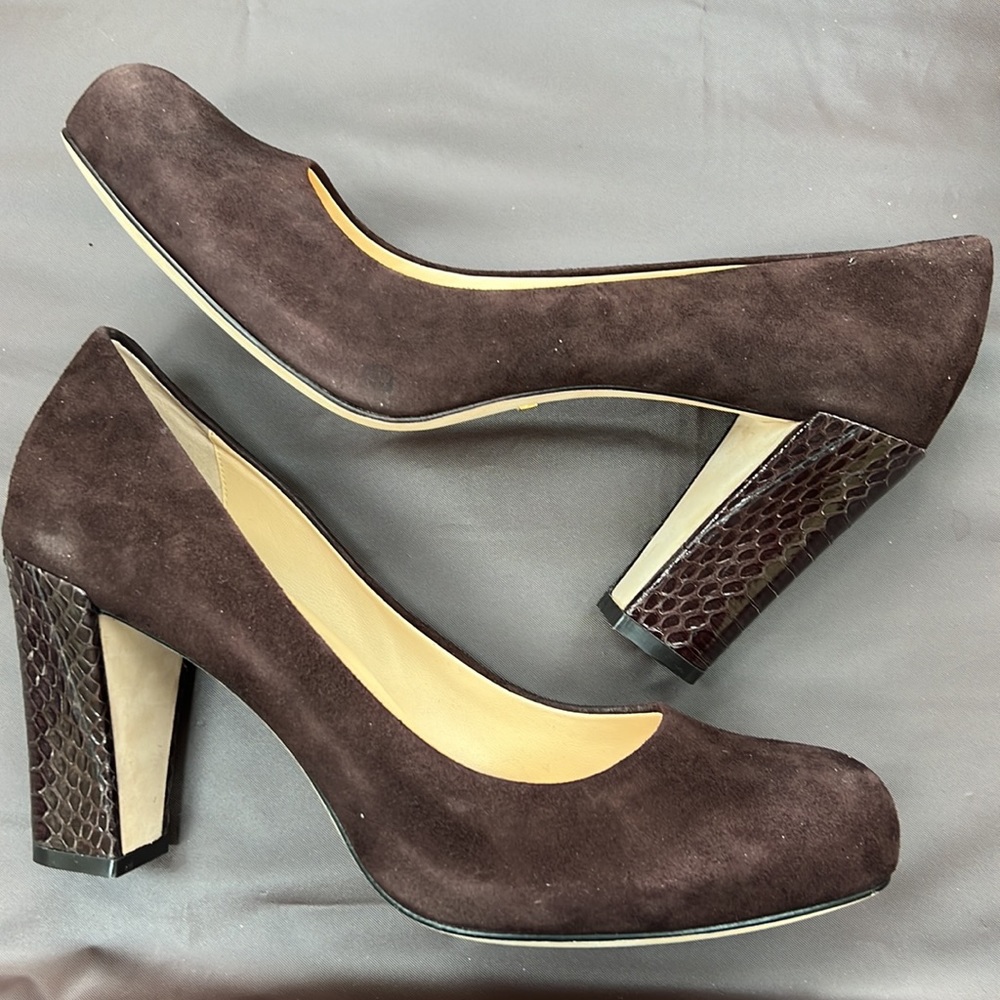 Cole Haan Dark Brown Suede Heels with Croc-Embossed Block Heel
